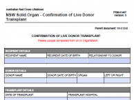 New South Wales (NSW) Solid Organ - Confirmation of Live Donor Renal Transplant Form