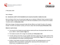 Lifeblood and National Blood Authority (NBA) customer letter Introduction of ISBT 128 2D DataMatrix and removal of transition Codabar barcodes