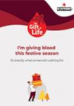 card has the following text written on it "I'm giving blood this festive season"