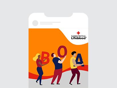 illustration of 3 people holding up the blood type letters B, O, A