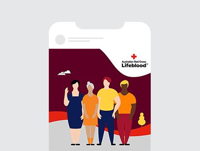 Illustration of 4 people standing in a line, with one person waving and Australian Red Cross Lifeblood logo on the top right