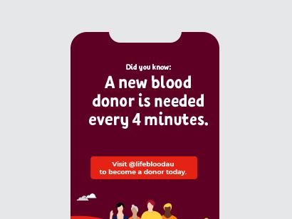 Red tile with "a new blood donor is needed every 4 minutes" written in white 