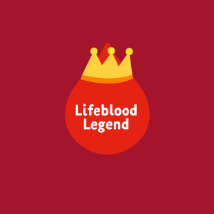 Illustration of a blood drop with a crown and the words 'Lifeblood Legend' on it