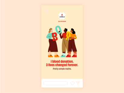 social story with an illustration of blood donors holding up an A, B, O sign with the text 'one blood donation, three lives changed forever'
