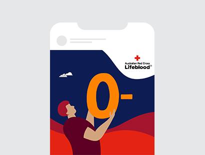 Illustration of man holding up a large O negative with Australian Red Cross Lifeblood on the top right