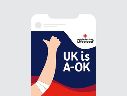 Illustration of a hand holding up a thumbs up sign with the words UK is A-OK and Australian Red Cross Lifeblood logo