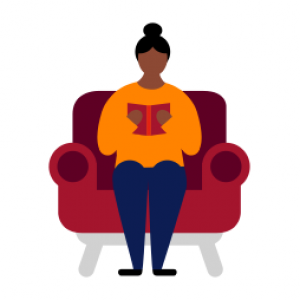 illustration of a woman sitting on a sofa reading a book