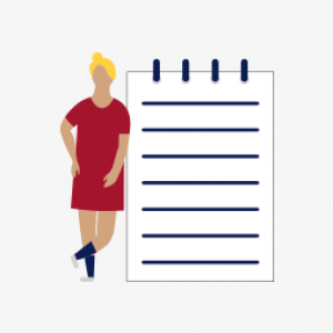 illustration of a woman leaning against a large notepad