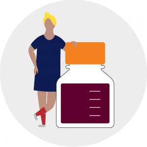 Illustration of a light-haired lady standing next to a bottle of medicine