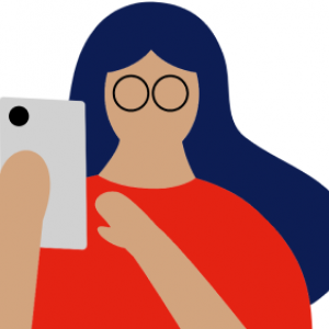 Illustration of woman with dark hair and a red dress holding a phone.