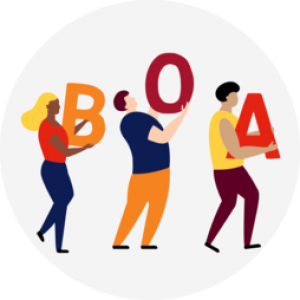 Illustration of three people holding blood type letters B, O and A