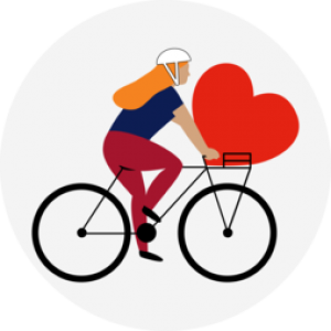 Illustration of a woman cycling with a heart in the front basket