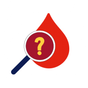 illustration of a red blood droplet with a magnifying glass over it with a question mark