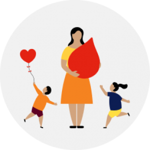 A woman holding a blood drop with two children around her