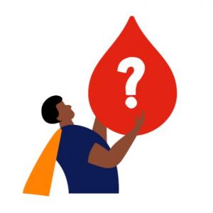 Icon of a man wearing an orange cape and holding a blood drop with a question mark