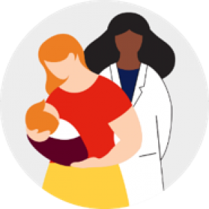 illustration of a mother holding a baby in her arms and a scientist wearing a white lab coat standing beside her