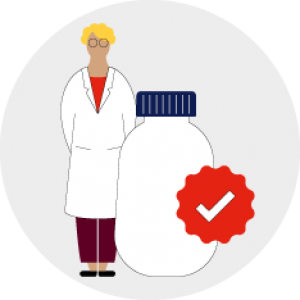 illustration of a scientist wearing a white coat standing next to a bottle of breast milk with a tick mark on it