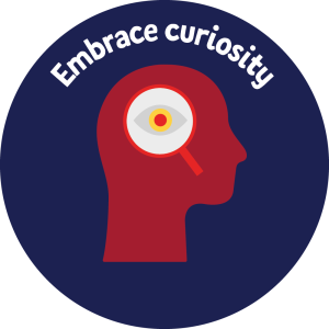 illustration of a face in profile with a magnifying glass in the centre, above it is the text embrace curiosity