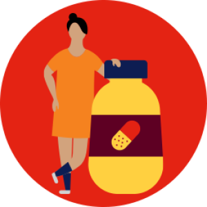 illustration of a person leaning on a large bottle with a symbol of a capsule on it
