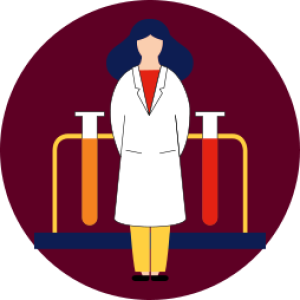 illustration of a person wearing a white lab coat standing in front of two test tubes