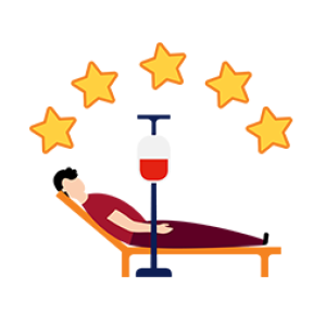 illustration of a person lying in a chair and donating blood, above them are five yellow stars