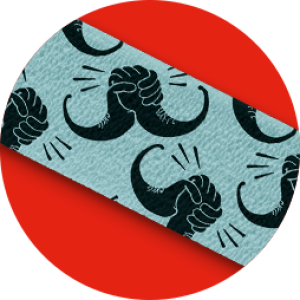 close up photograph of the Movember bandage design, it's a light blue background with two hands held together in a stylised moustache design