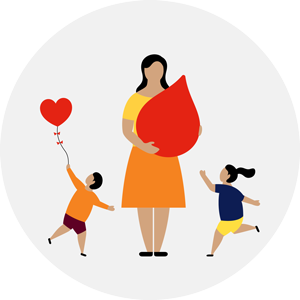 illustration of a woman holding a red blood droplet with two children either side of her