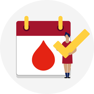 illustration of a person holding a yellow tick symbol standing next to a calendar with a red blood droplet on it