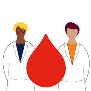illustration of two scientists standing next to a big red blood drop