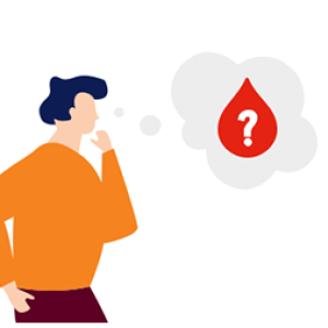 illustration of a man in a thinking pose, a thought bubble contains a red blood drop with a white question mark on it