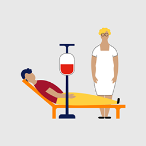 illustration of a person lying in a chair and donating blood, with a nurse standing beside them