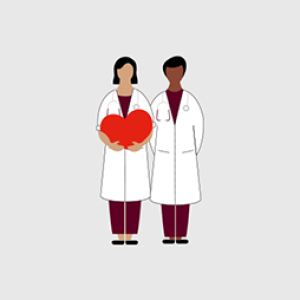 illustration of two scientists with one holding a red love heart