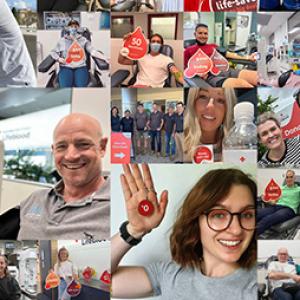 a collage of a variety of donors smiling while donating or while holding donation signs