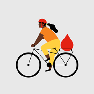 illustration of a person riding a bicycle, in the basket is a red blood droplet