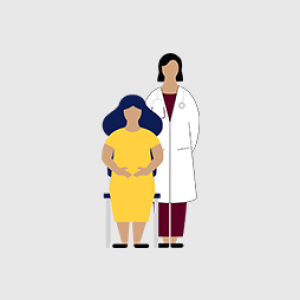 illustration of a pregnant woman seated with a doctor standing beside them