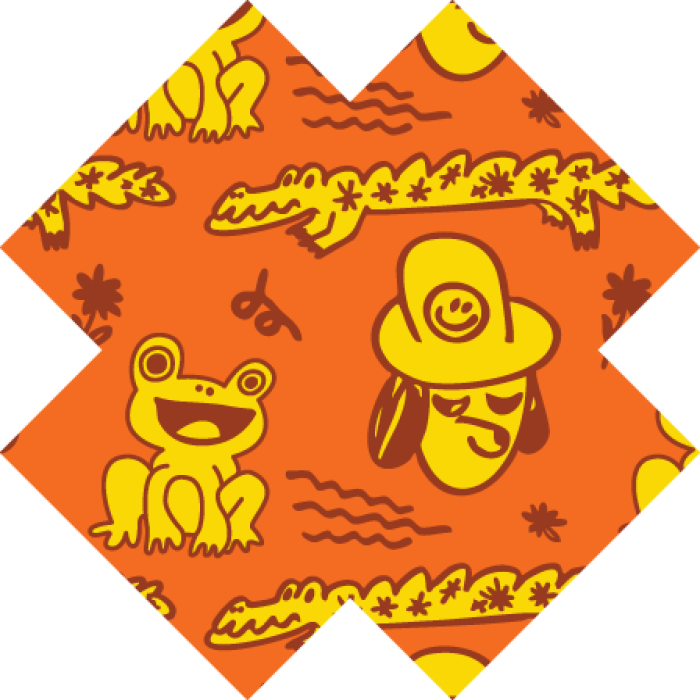 illustrations of animals in yellow on an orange background