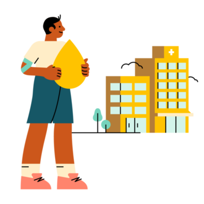 Person holding yellow plasma drop standing next to a yellow building