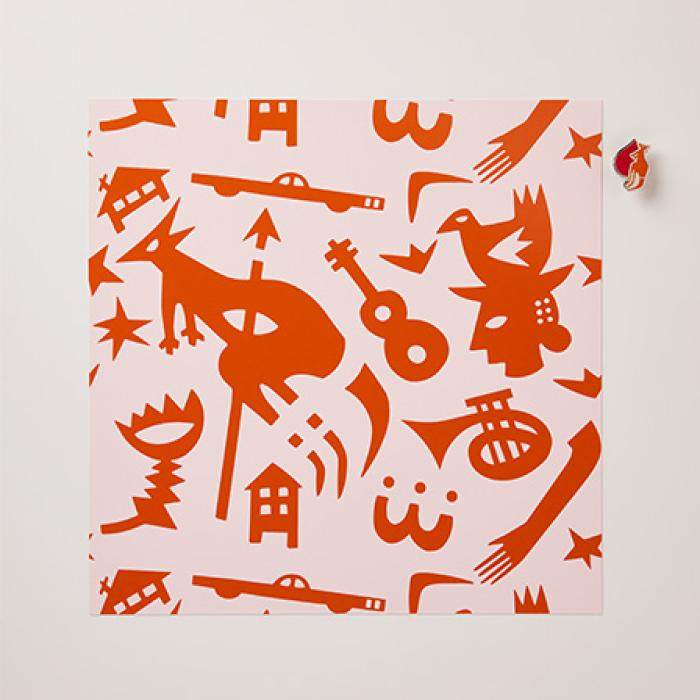 artwork of various motifs in orange on a light pink background