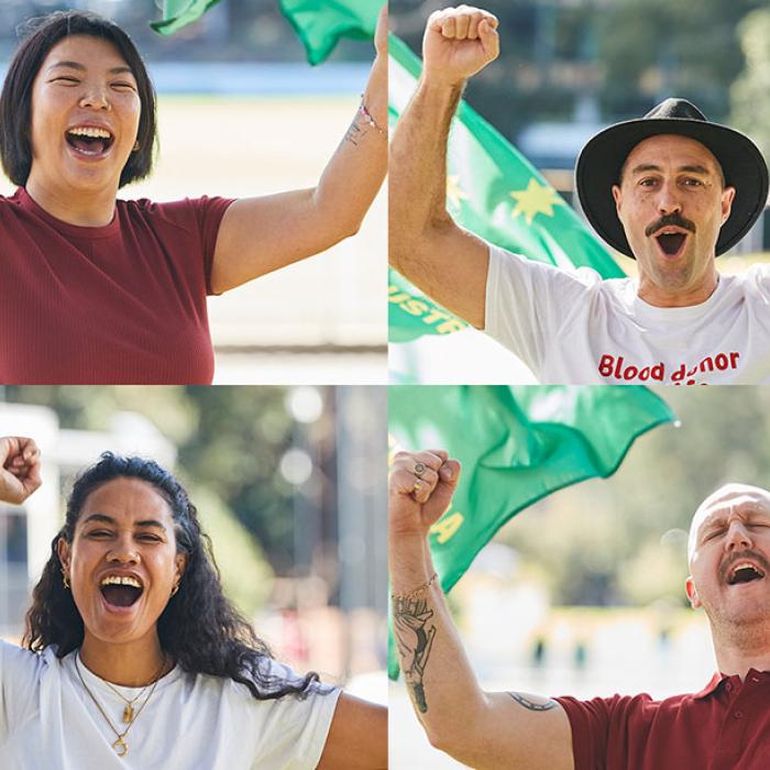 photos of four people cheering and weaing the brad hore design bandage around their elbows