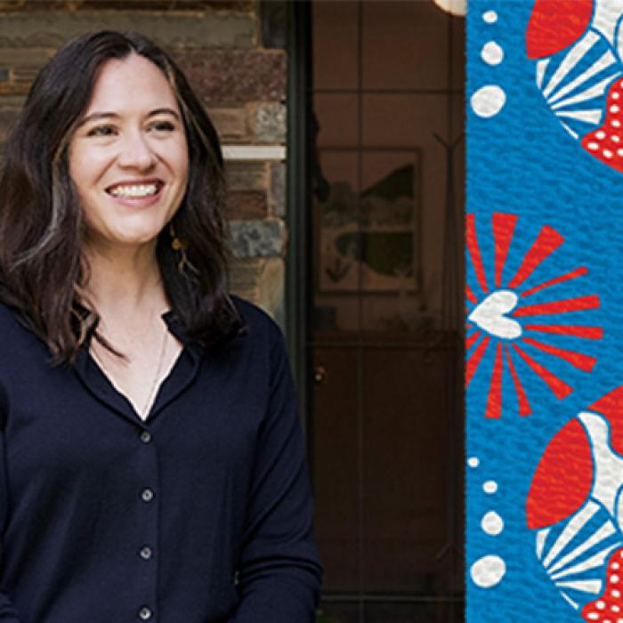 portrait of artist Kat Macleod next to her bandage design