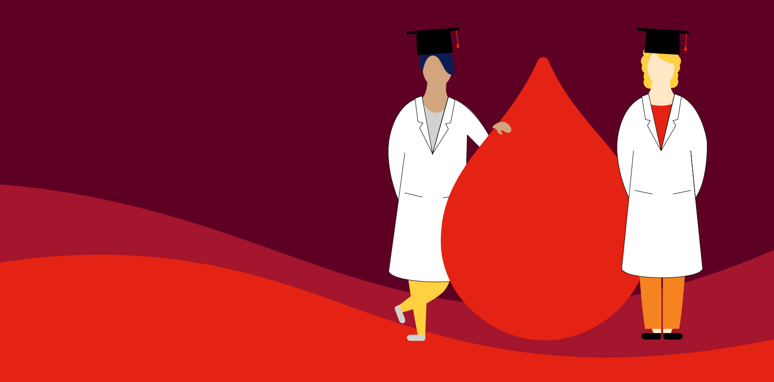illustration of two scientists standing next to a big red blood drop in front of an orange and red backdrop