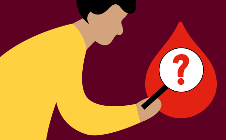 illustration of a person holding a magnifying glass with a question mark on it, they are holding it over a large red blood droplet