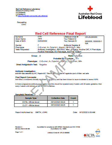 example of the red cell reference LIMS form