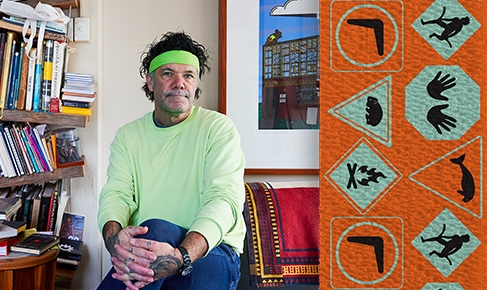 photo of artist blak douglas wearing a green handband and green jumper, on the right hand side is the bandage pattern he designed