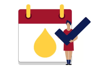 illustration of a calendar with a yellow plasma drop on it, a person is standing next to it holding a blue tick mark