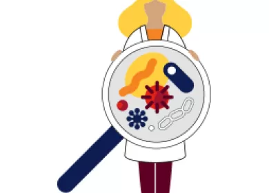 Illustration of a female scientist holding up a magnifying glass