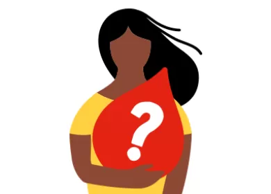 illustration of a woman holding a big red blood droplet with a white question mark on it