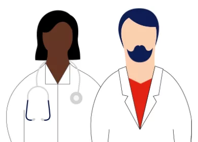illustration of a doctor and a scientist in white coats standing side by side