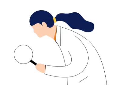 illustration of a scientist holding a magnifying glass and leaning over