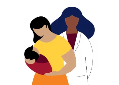 illustration of a mother holding a baby with a doctor standing beside them